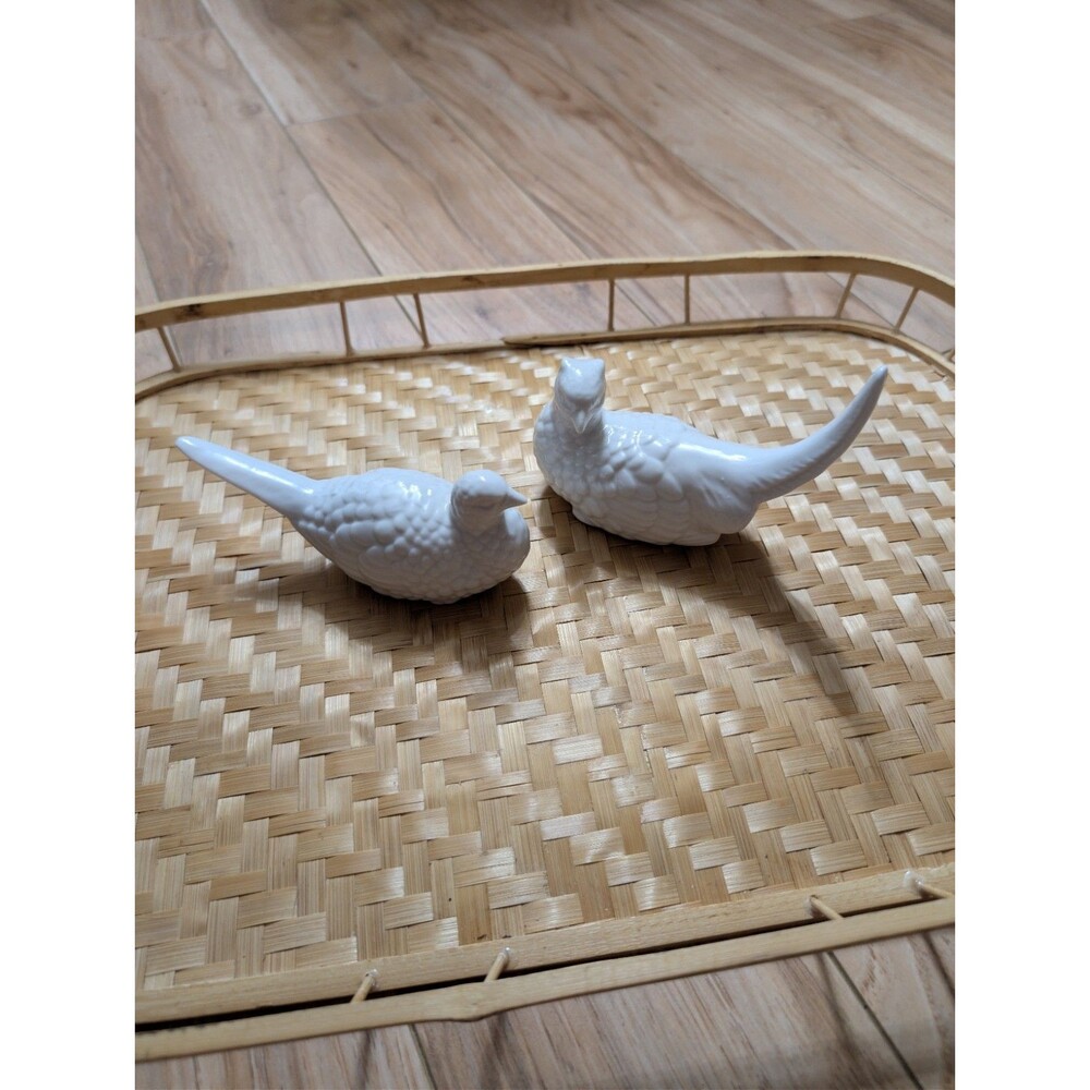 Vintage MCM White Ceramic Pheasant Figurines Pair - Hollywood Regency Home Decor